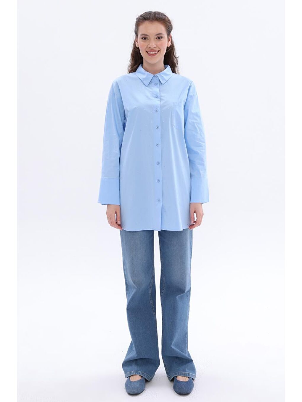Mavi-Pamuklu Taşlı Gömlek Tunik-1