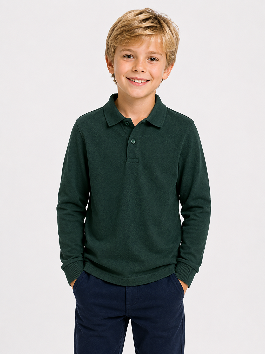 Haki Kids Polo Yaka Basic Uzun Kollu Unisex Erkek Çocuk Tişört
