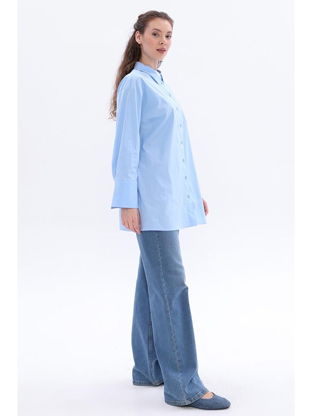 Mavi-Pamuklu Taşlı Gömlek Tunik-2