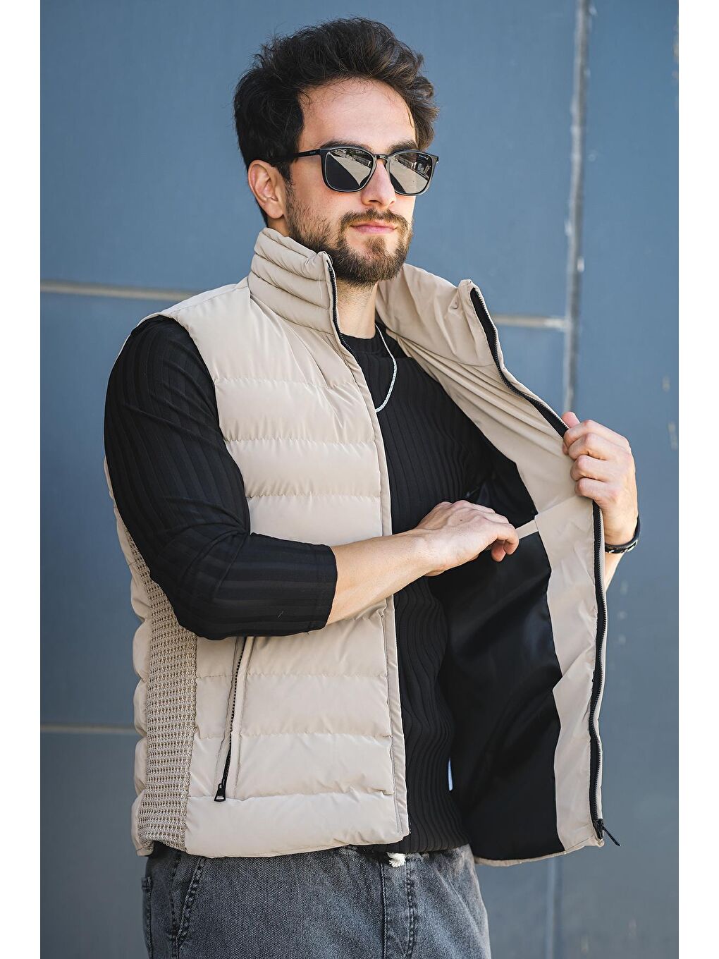 Kahverengi Lordy Örgü Detaylı Cepli Dik Yaka Nova Parlak Kumaş Erkek Şişme Yelek-3