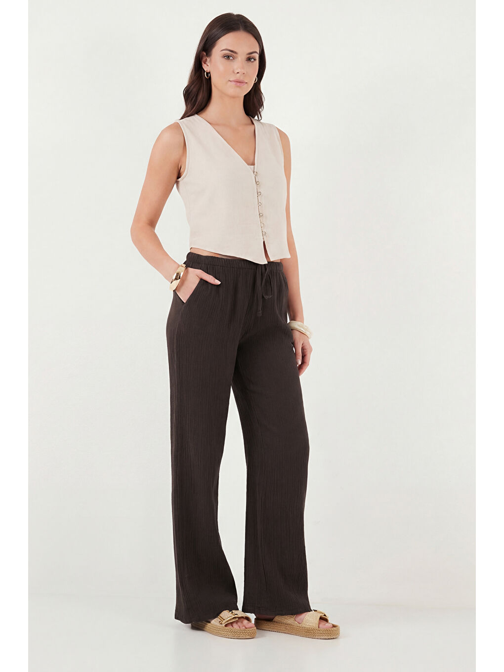Kahverengi Pamuklu Relaxed Fit Geniş Paça Müslim Kadın Pantolon 668YP5502-2