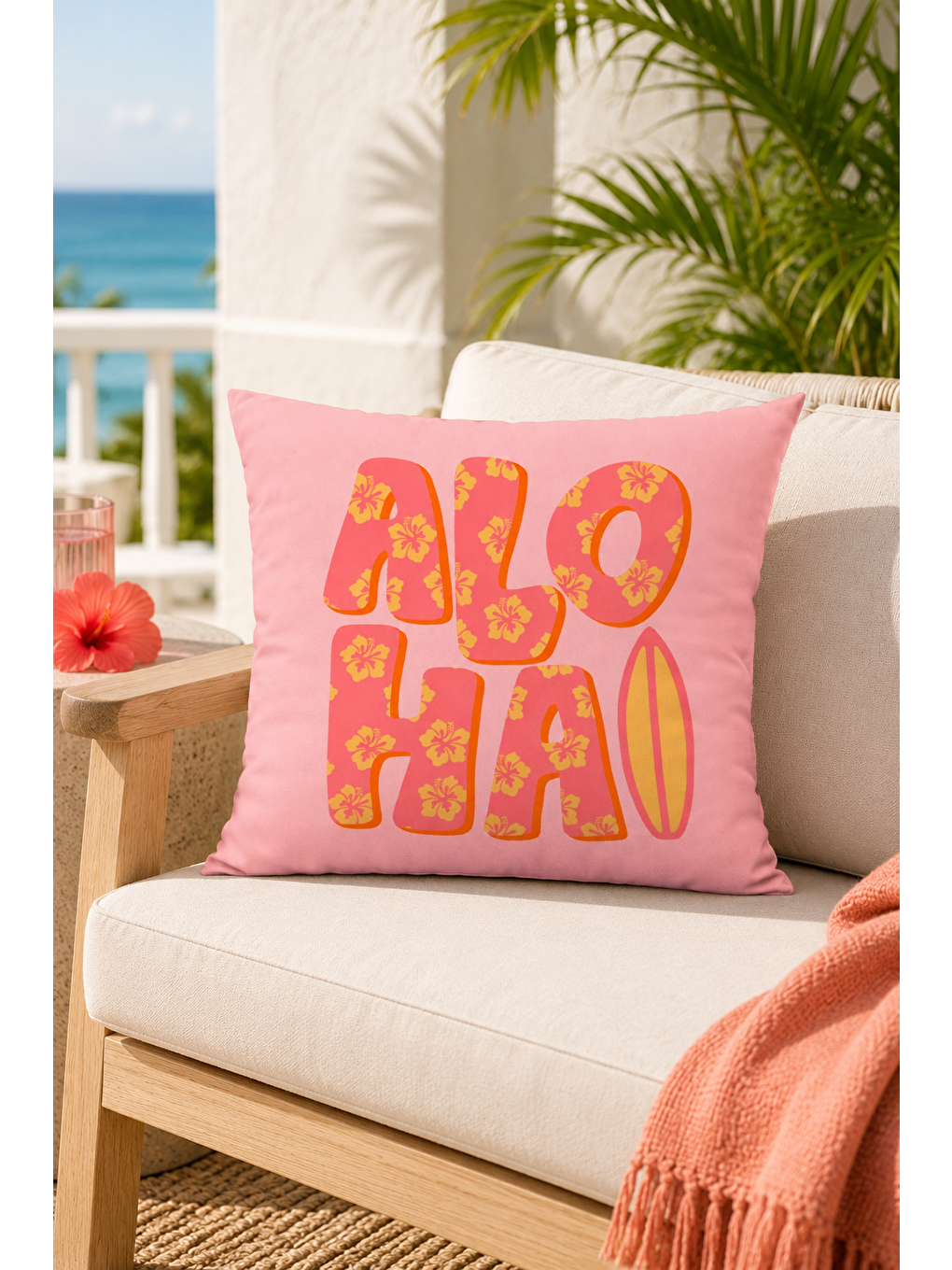 Aloha Pembe Yazı Baskılı Dekoratif Kırlent Kılıfı Tropikal Yazlık Dekor 43x43 Cm-4
