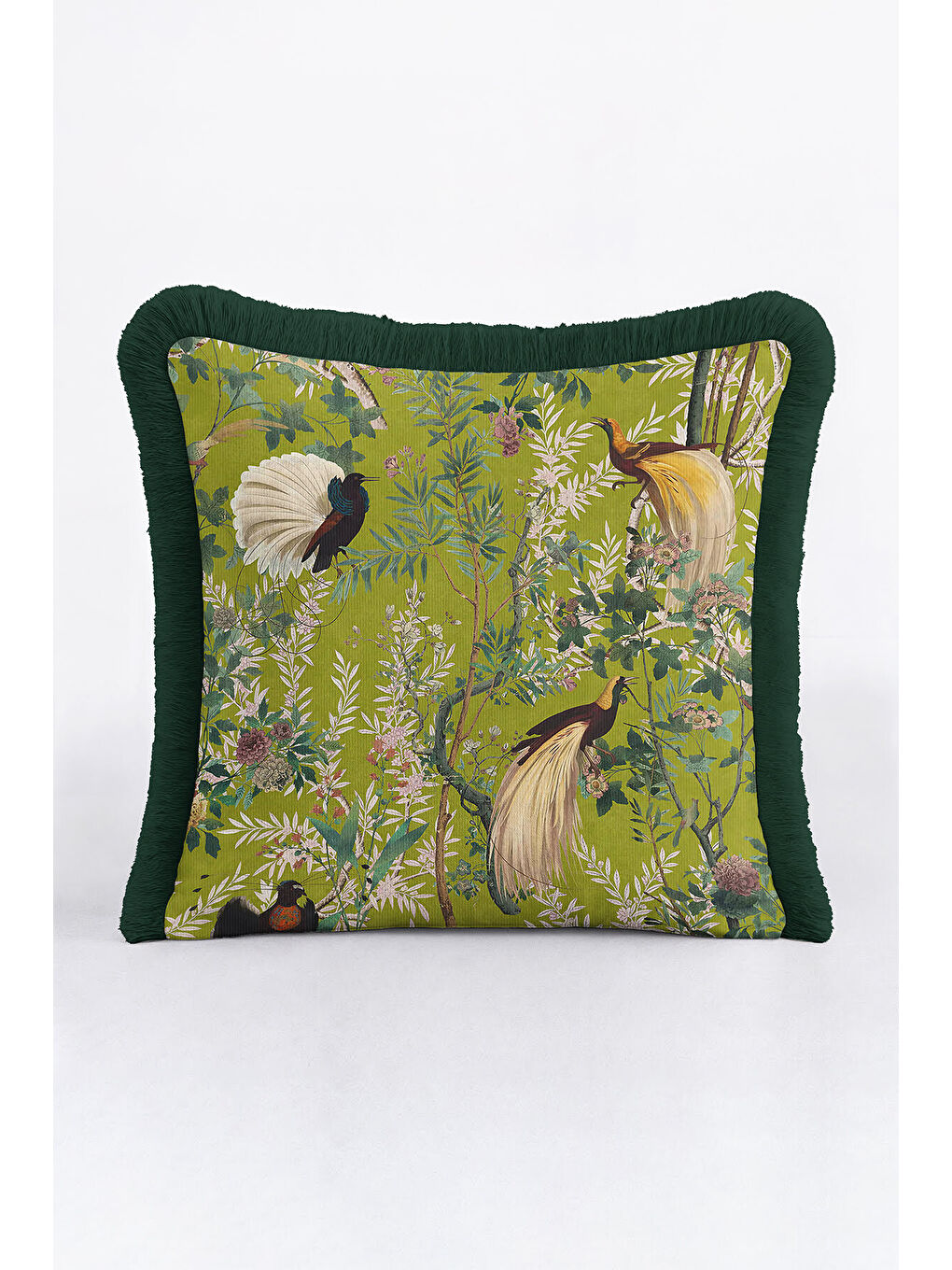Karışık Tropikal Kuşlar Saçaklı Yastık Kılıfı - Vintage Doğa Botanik Yeşil Püsküllü Kırlent Kılıfı-4