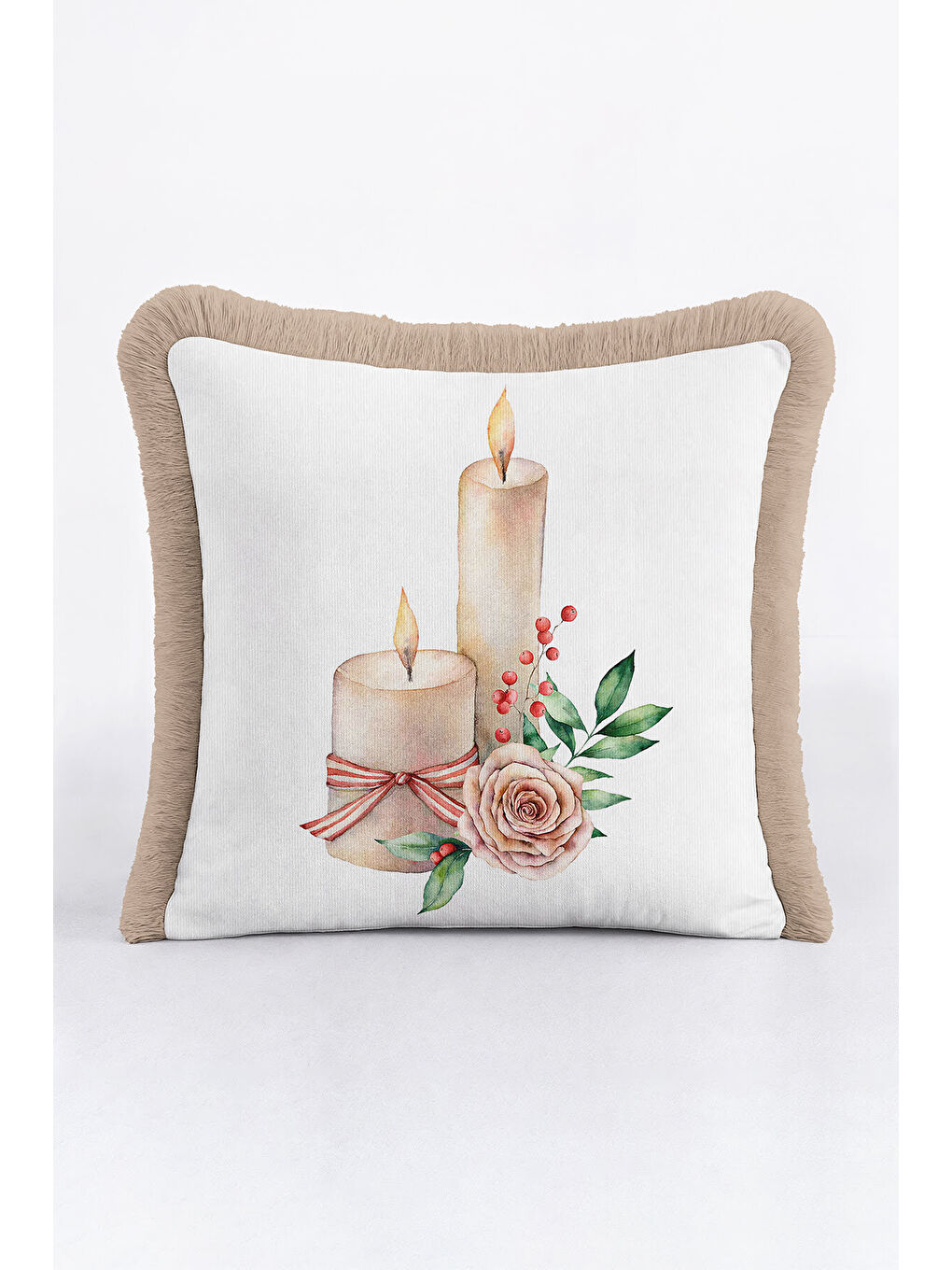 Karışık Romantik Mumlu Çiçekli Saçaklı Yastık Kılıfı - Pastel Rustik Krem Pembe Püsküllü Kırlent Kılıfı