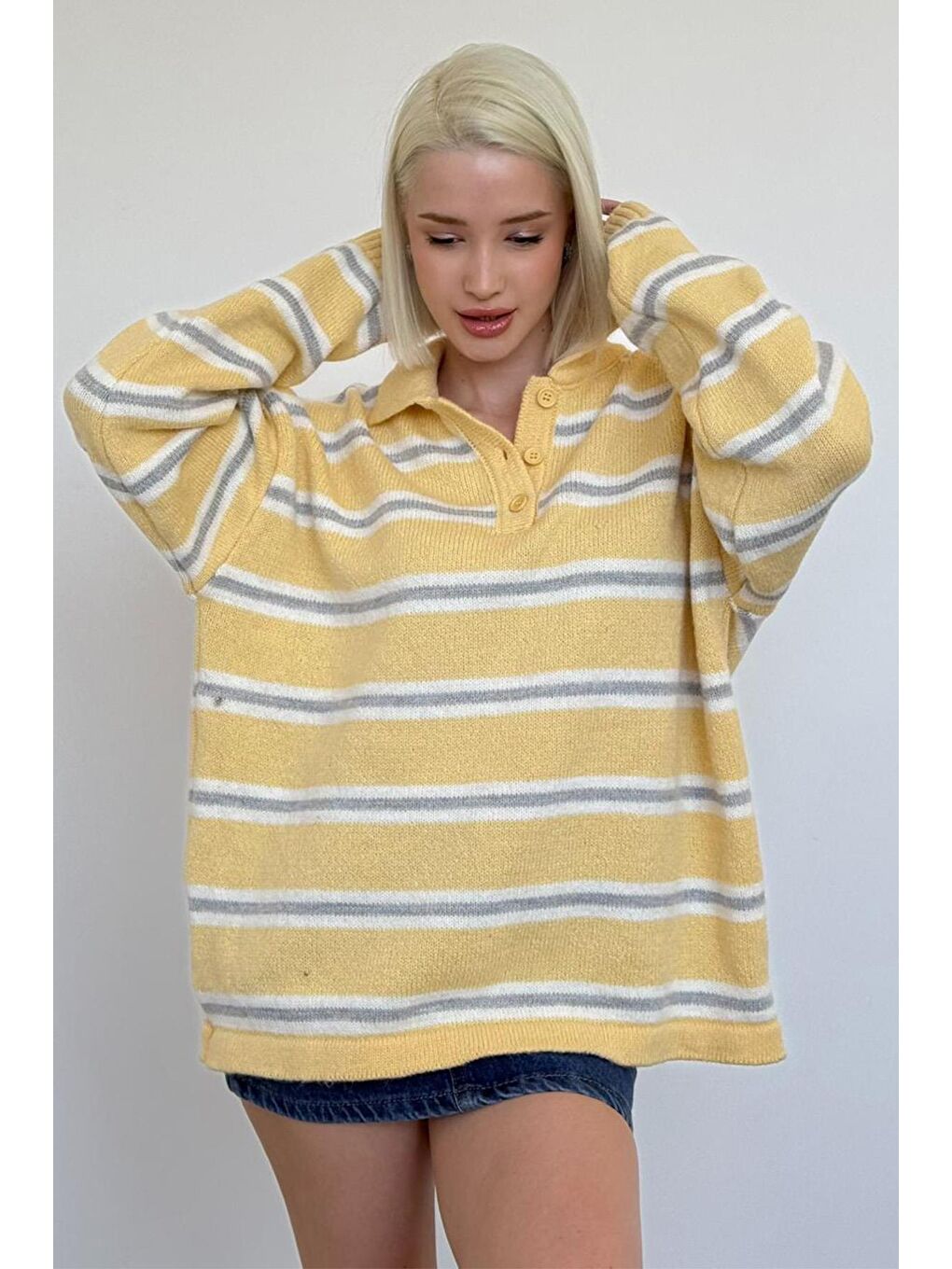 Sarı Polo Yaka Çizgili Kadın Triko Kazak Mg2469-9