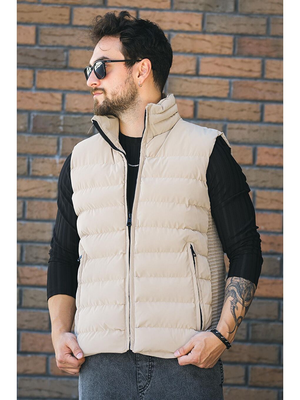 Kahverengi Lordy Örgü Detaylı Cepli Dik Yaka Nova Parlak Kumaş Erkek Şişme Yelek-4