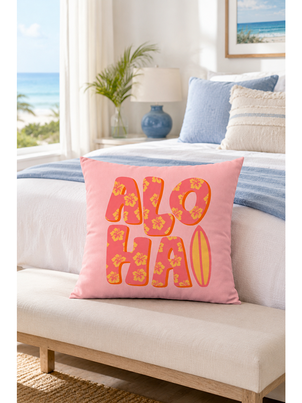 Aloha Pembe Yazı Baskılı Dekoratif Kırlent Kılıfı Tropikal Yazlık Dekor 43x43 Cm-5