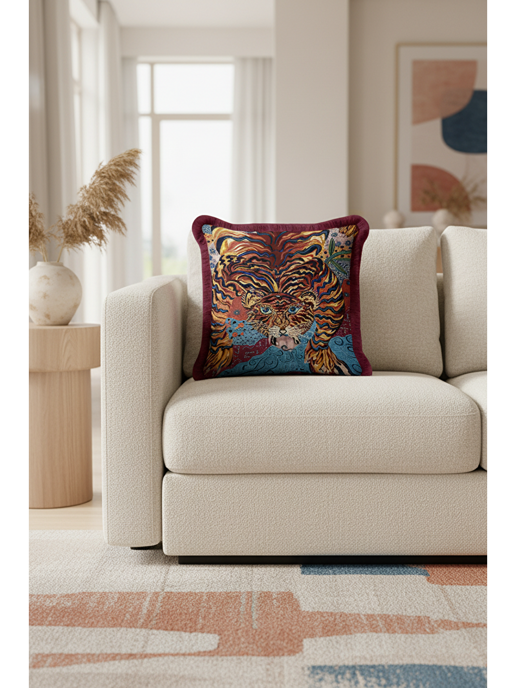 Karışık Lüks Kaplan Figürlü Saçaklı Yastık Kılıfı - Bohem Enerjik Mavi Bordo Püsküllü Kırlent Kılıfı-1