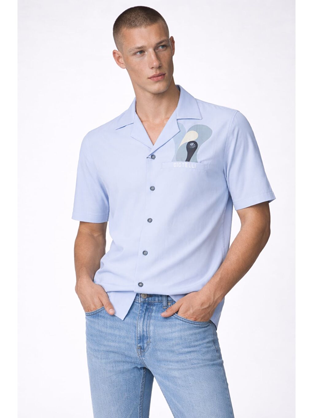 Giotelli Erkek Açık Mavi Geniş Kesim Oversize Fit Dokuma Baskılı Kamp Yaka Gömlek
