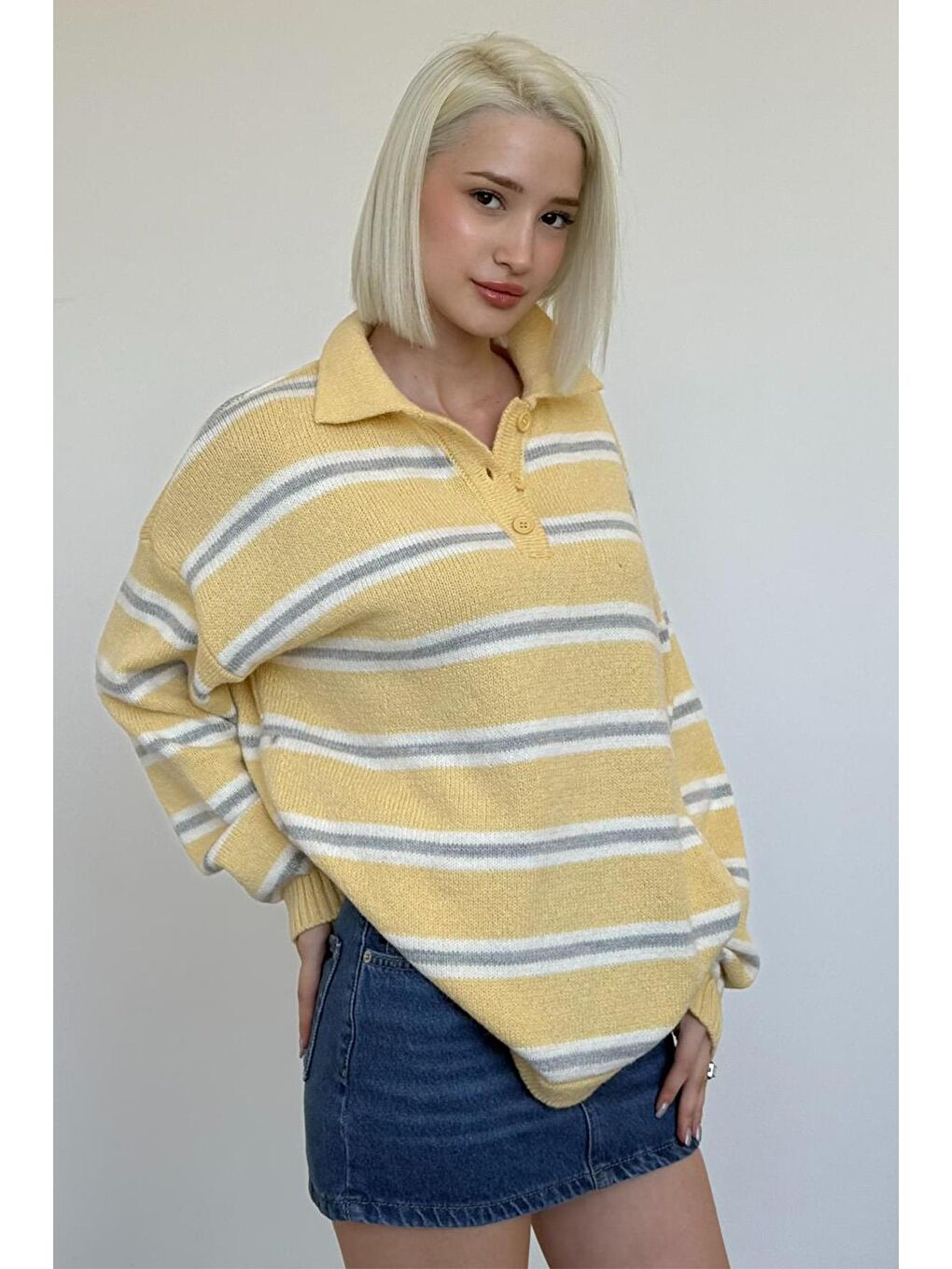 Sarı Polo Yaka Çizgili Kadın Triko Kazak Mg2469-10