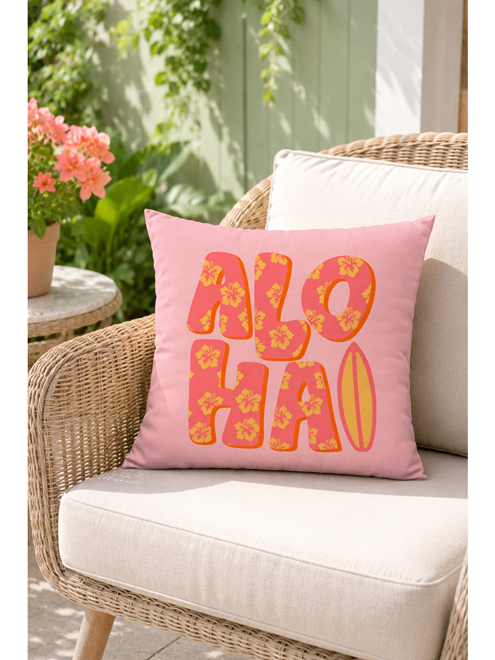 Aloha Pembe Yazı Baskılı Dekoratif Kırlent Kılıfı Tropikal Yazlık Dekor 43x43 Cm-6