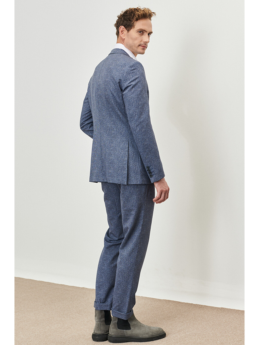 Erkek Mavi Slim Fit Dar Kesim Mono Yaka Seyahat Çantalı Desenli Takım Elbise-6