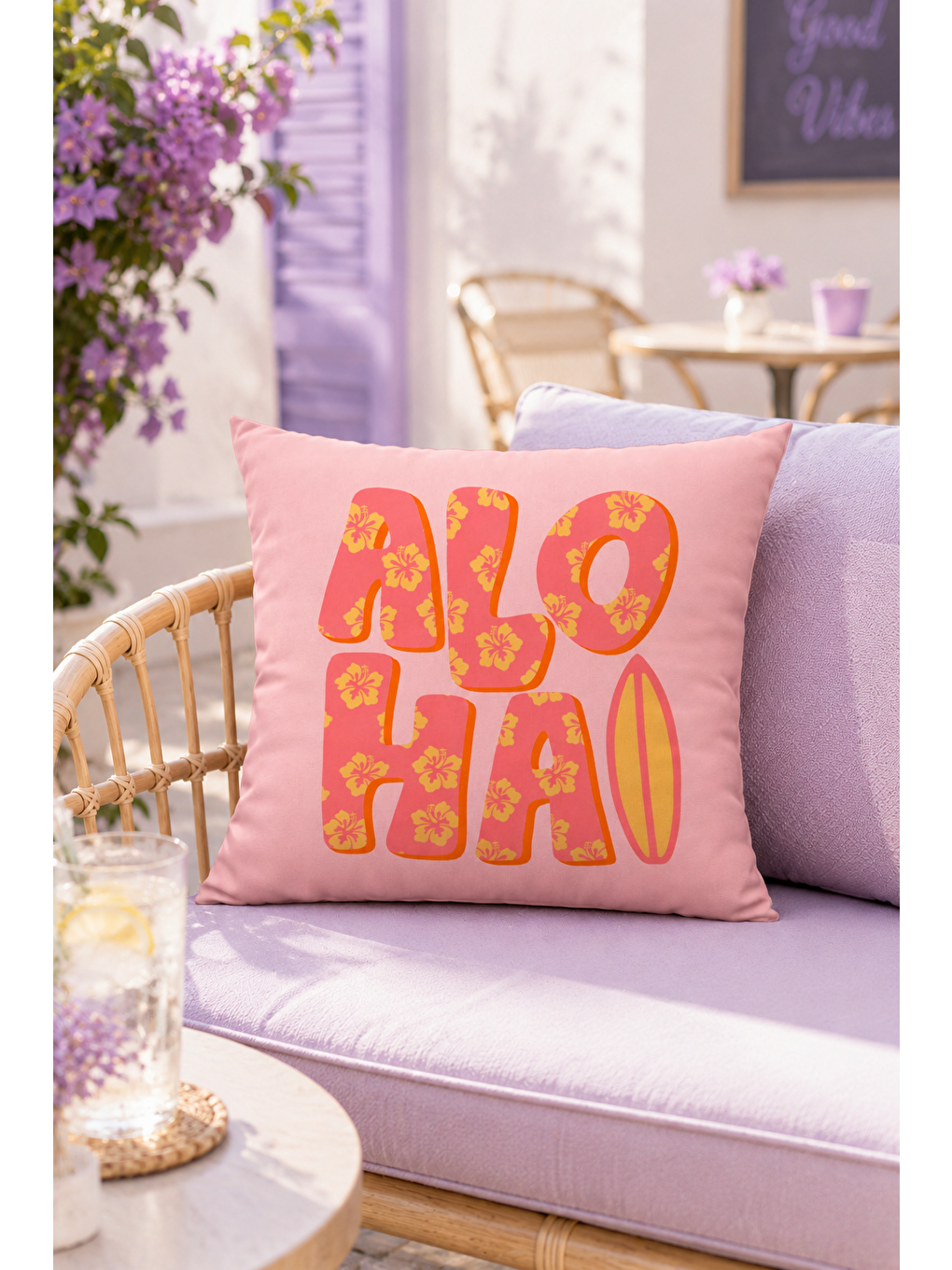 Aloha Pembe Yazı Baskılı Dekoratif Kırlent Kılıfı Tropikal Yazlık Dekor 43x43 Cm-7