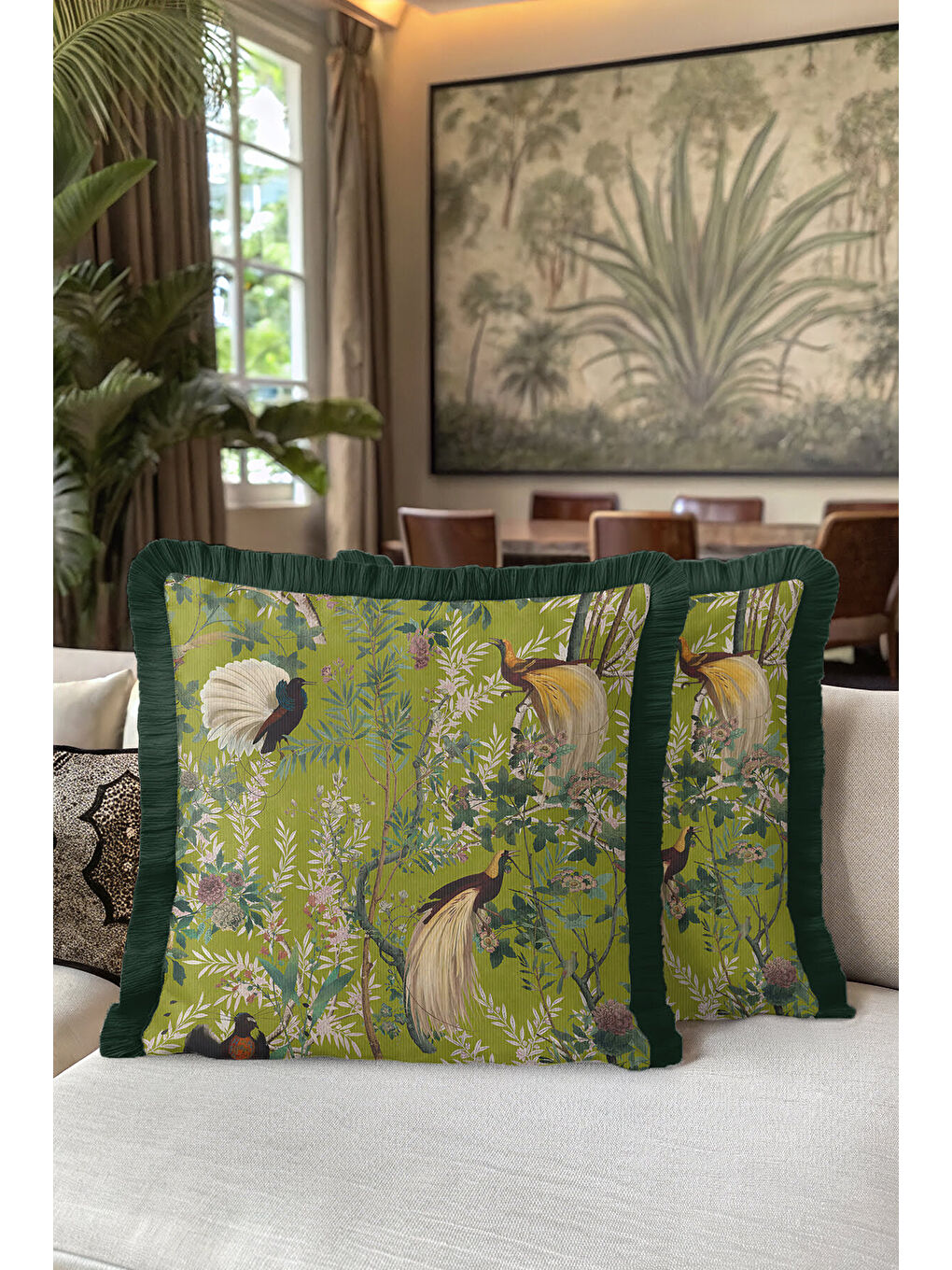 Karışık Tropikal Kuşlar Saçaklı Yastık Kılıfı - Vintage Doğa Botanik Yeşil Püsküllü Kırlent Kılıfı-5