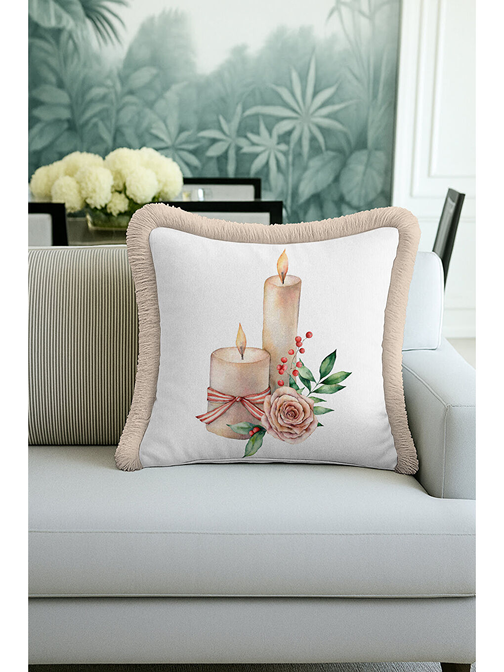 Karışık Romantik Mumlu Çiçekli Saçaklı Yastık Kılıfı - Pastel Rustik Krem Pembe Püsküllü Kırlent Kılıfı-1