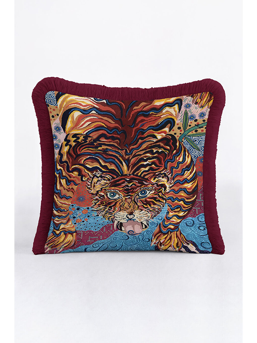Karışık Lüks Kaplan Figürlü Saçaklı Yastık Kılıfı - Bohem Enerjik Mavi Bordo Püsküllü Kırlent Kılıfı-2