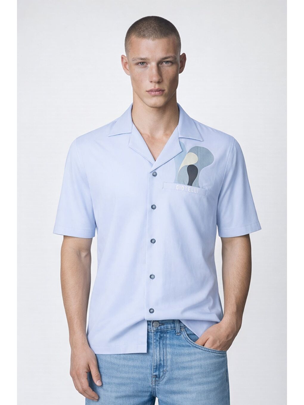 Giotelli Erkek Açık Mavi Geniş Kesim Oversize Fit Dokuma Baskılı Kamp Yaka Gömlek-4