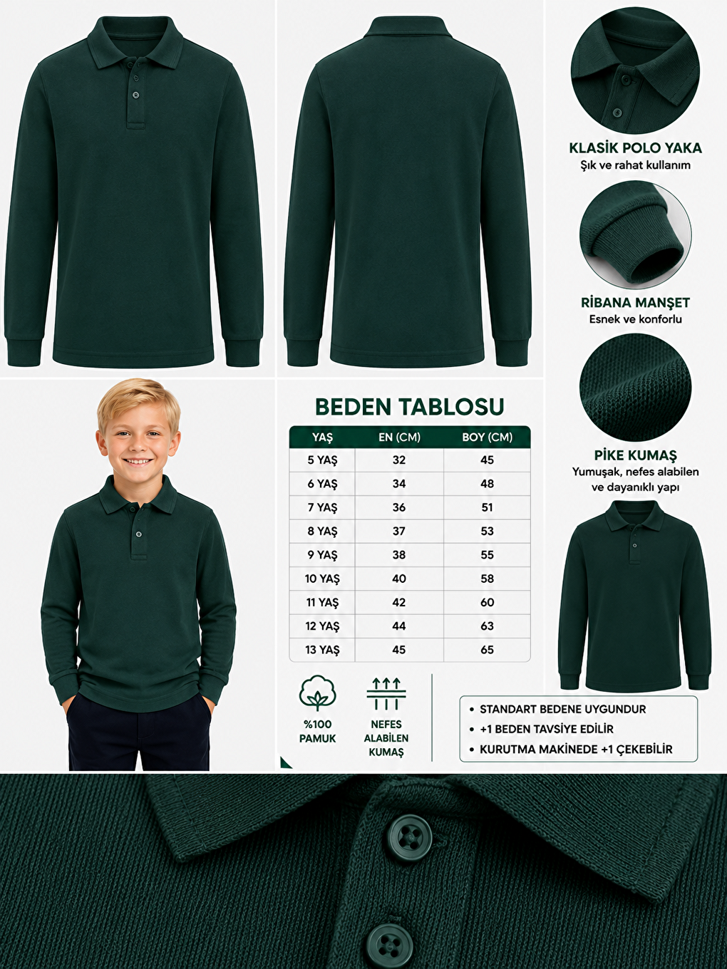 Haki Kids Polo Yaka Basic Uzun Kollu Unisex Erkek Çocuk Tişört-1