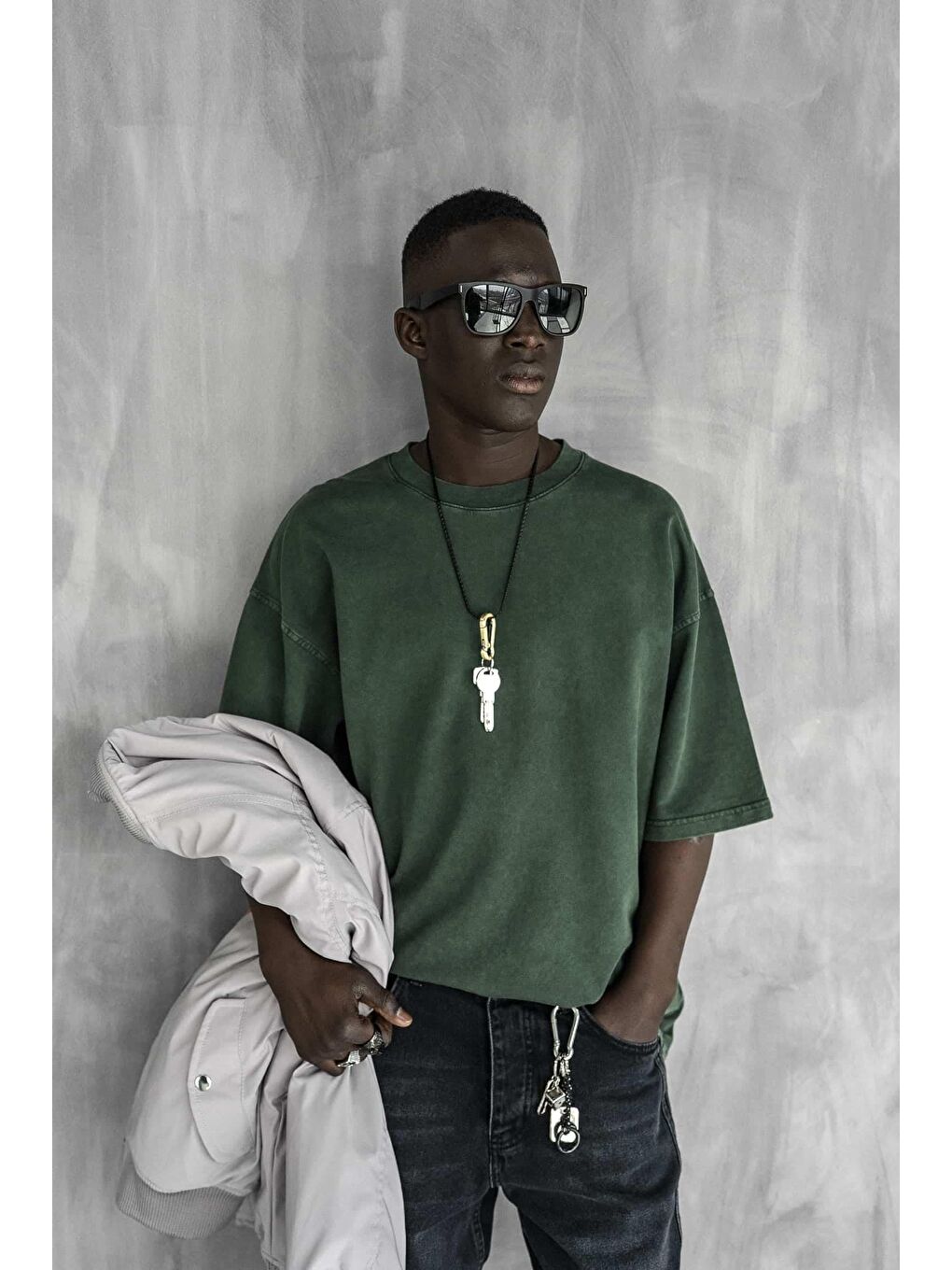 Erkek Slogan İşlemeli Yıkamalı Oversize %100 Pamuk Tişört Yeşil-1