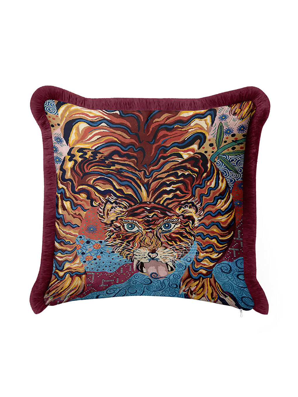 Karışık Lüks Kaplan Figürlü Saçaklı Yastık Kılıfı - Bohem Enerjik Mavi Bordo Püsküllü Kırlent Kılıfı-3