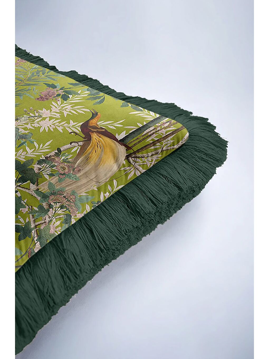 Karışık Tropikal Kuşlar Saçaklı Yastık Kılıfı - Vintage Doğa Botanik Yeşil Püsküllü Kırlent Kılıfı-6