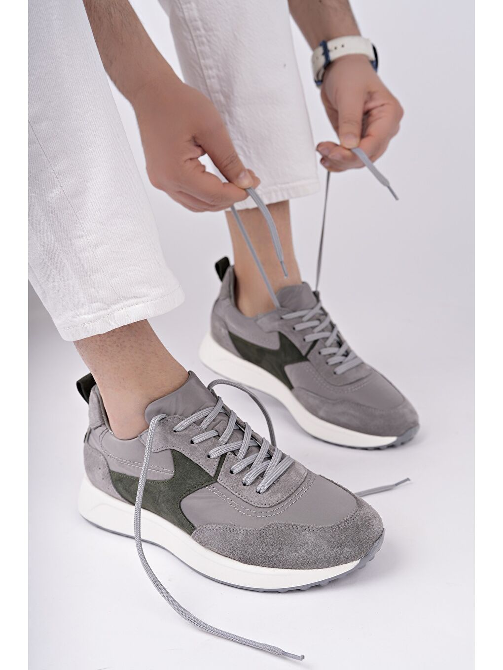 Gri SVENSON Kalın Taban Bağcıklı Hakiki Deri Erkek Günlük Sneaker Spor Ayakkabı