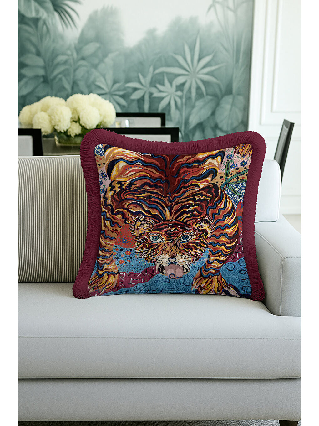 Karışık Lüks Kaplan Figürlü Saçaklı Yastık Kılıfı - Bohem Enerjik Mavi Bordo Püsküllü Kırlent Kılıfı-4