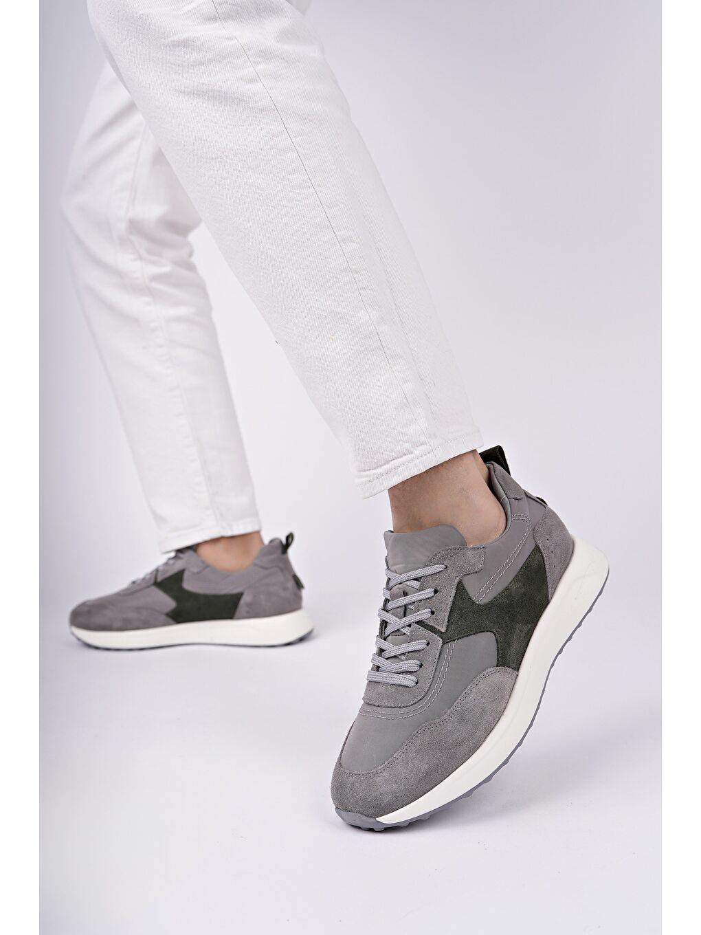 Gri SVENSON Kalın Taban Bağcıklı Hakiki Deri Erkek Günlük Sneaker Spor Ayakkabı-1