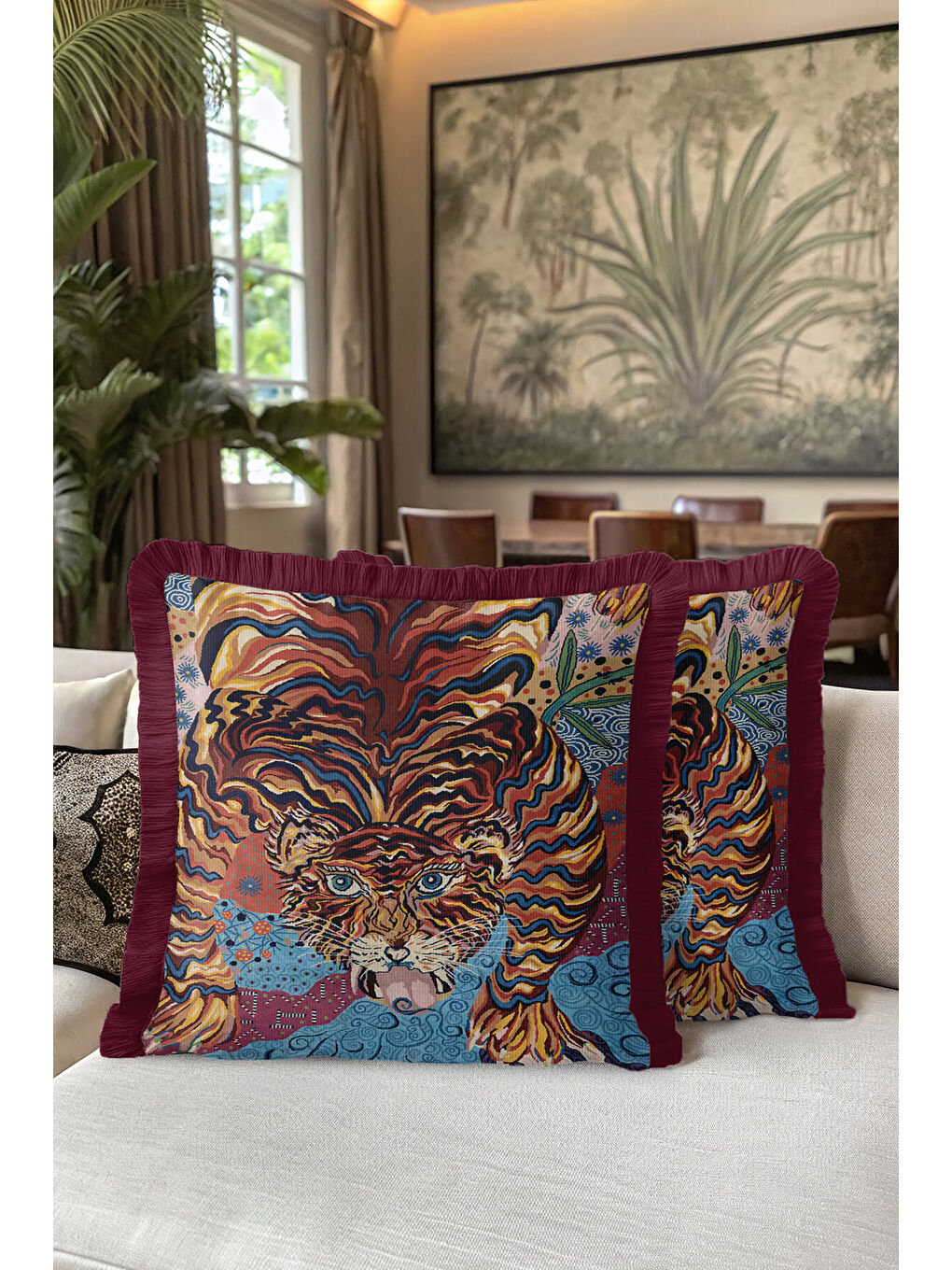 Karışık Lüks Kaplan Figürlü Saçaklı Yastık Kılıfı - Bohem Enerjik Mavi Bordo Püsküllü Kırlent Kılıfı-5