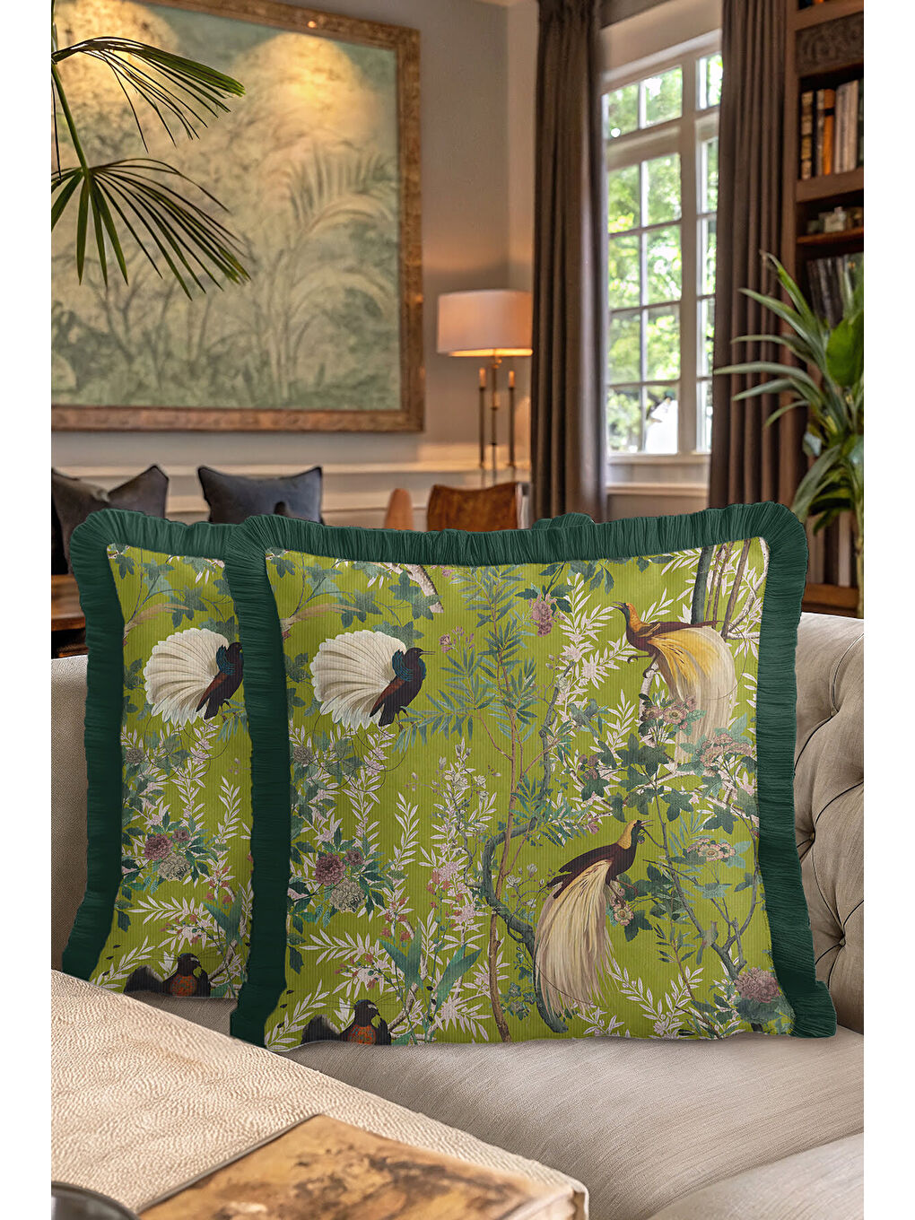 Karışık Tropikal Kuşlar Saçaklı Yastık Kılıfı - Vintage Doğa Botanik Yeşil Püsküllü Kırlent Kılıfı-7