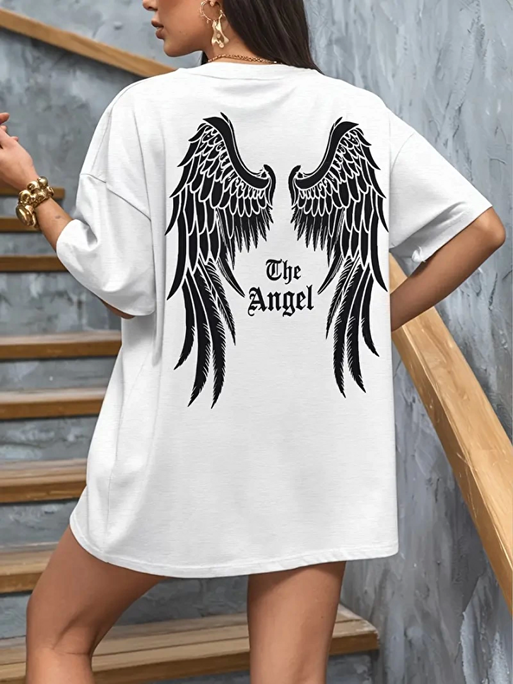 Baskılı Oversize Bisiklet Yaka T-shirt - Beyaz-3