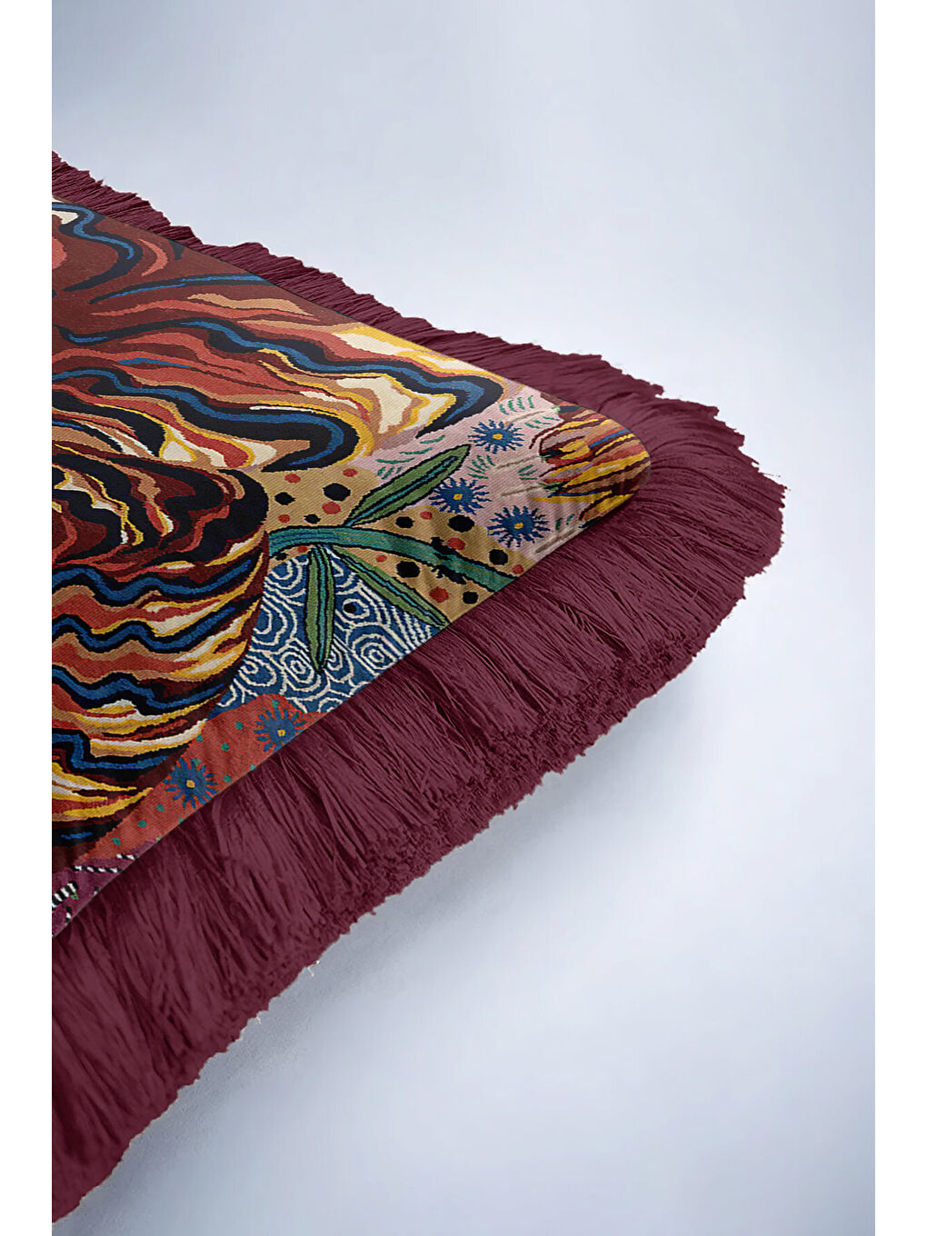 Karışık Lüks Kaplan Figürlü Saçaklı Yastık Kılıfı - Bohem Enerjik Mavi Bordo Püsküllü Kırlent Kılıfı-6