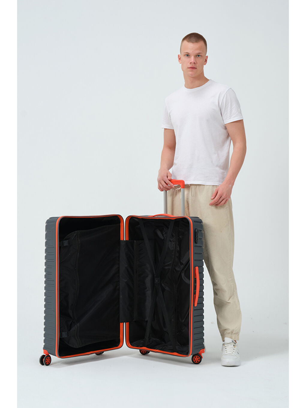 Gri Büyük Boy Füme-Turuncu PP Valiz-8