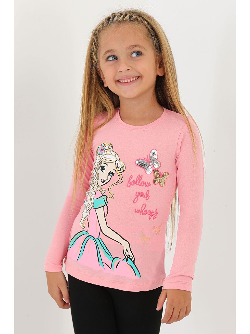 Pembe Bisiklet Yaka Uzun Kol Nakış Işlemeli Pul Detaylı Somon Renk Kız Çocuk Tshirt-1