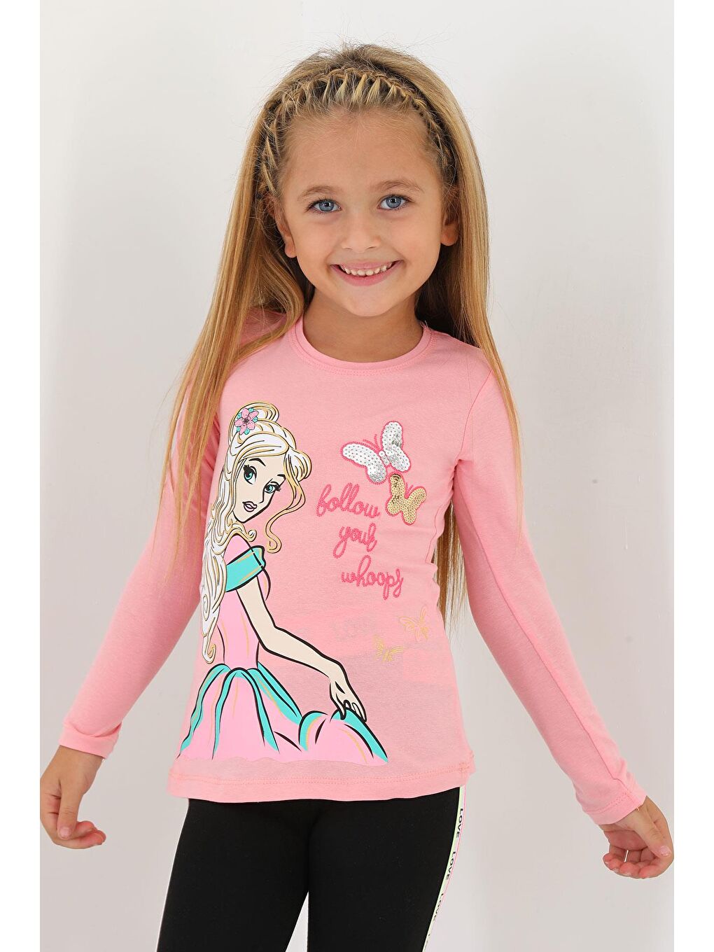 Pembe Bisiklet Yaka Uzun Kol Nakış Işlemeli Pul Detaylı Somon Renk Kız Çocuk Tshirt-2