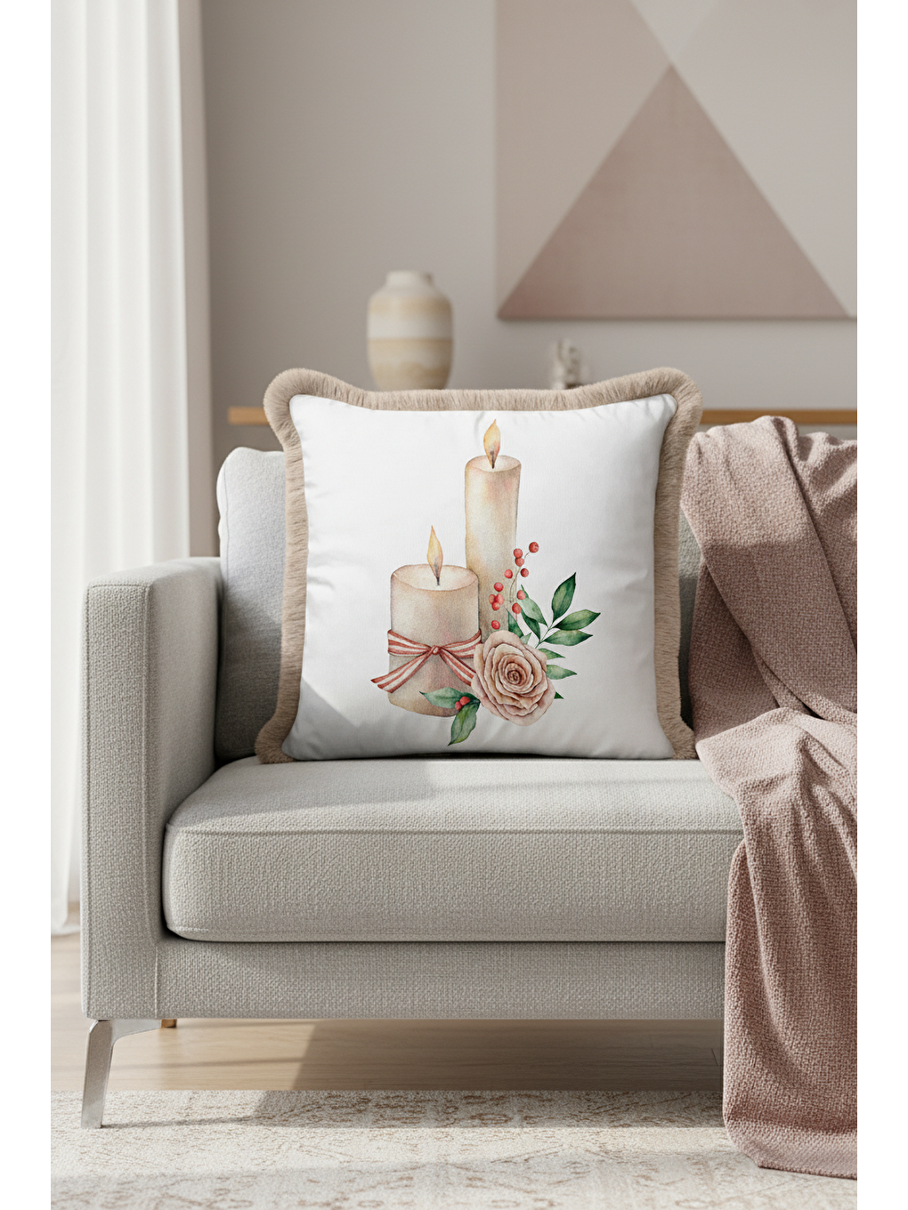 Karışık Romantik Mumlu Çiçekli Saçaklı Yastık Kılıfı - Pastel Rustik Krem Pembe Püsküllü Kırlent Kılıfı-2