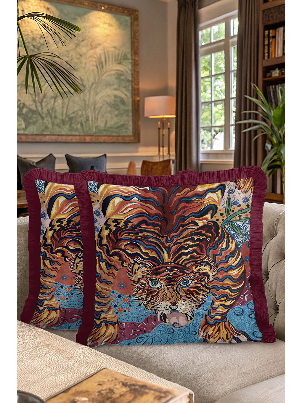 Karışık Lüks Kaplan Figürlü Saçaklı Yastık Kılıfı - Bohem Enerjik Mavi Bordo Püsküllü Kırlent Kılıfı-7