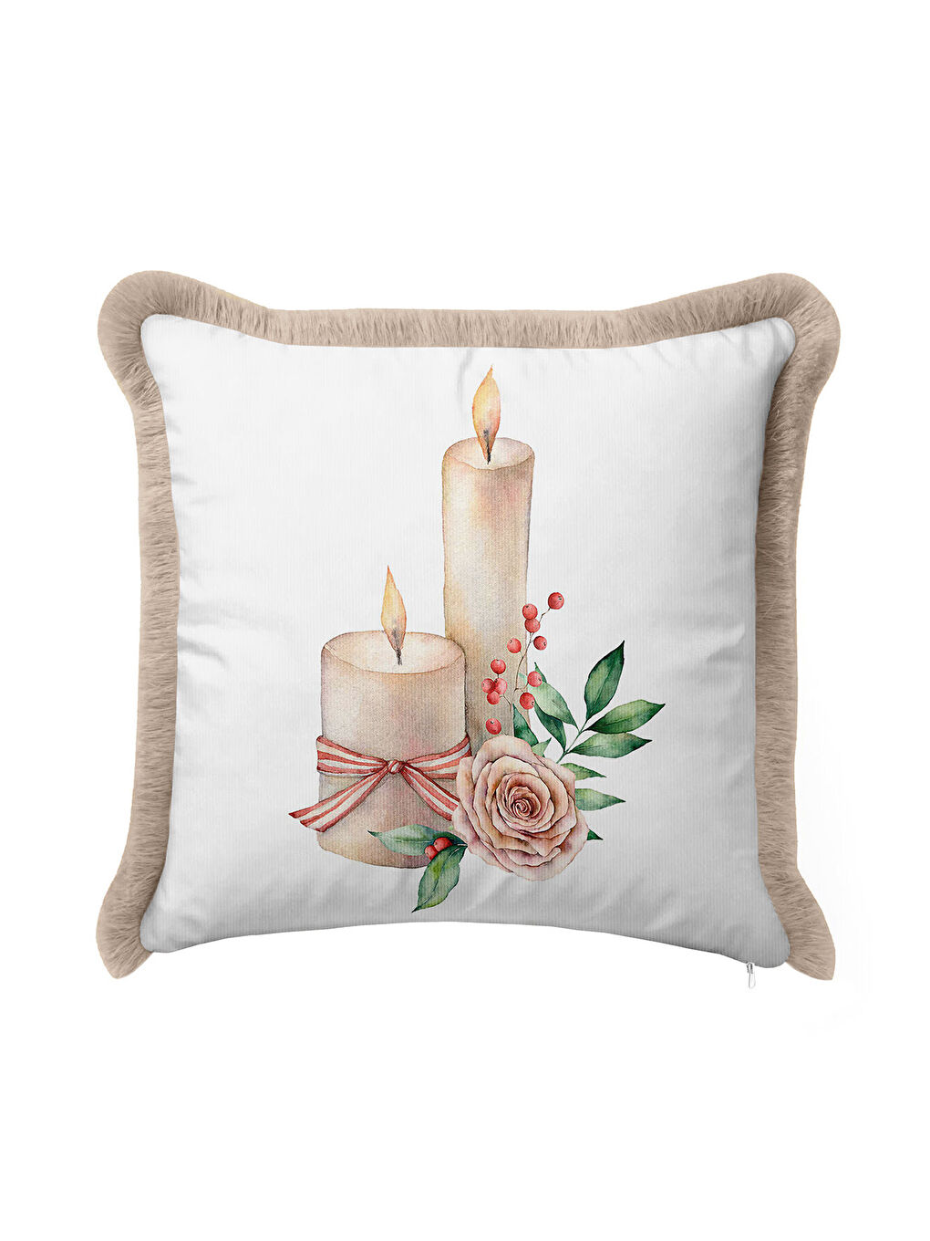 Karışık Romantik Mumlu Çiçekli Saçaklı Yastık Kılıfı - Pastel Rustik Krem Pembe Püsküllü Kırlent Kılıfı-3