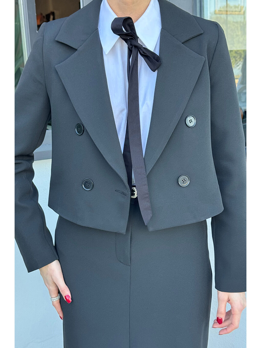 Siyah Kadın Crop Ceket Etek İkili Takım-2