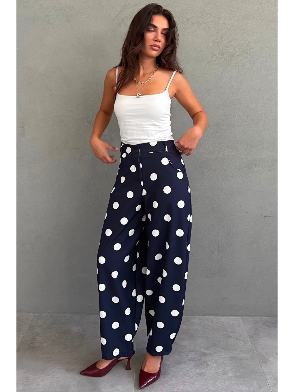 Lacivert Puantiyeli Beli Lastikli Balon Kadın Pantolon Mg2886-5