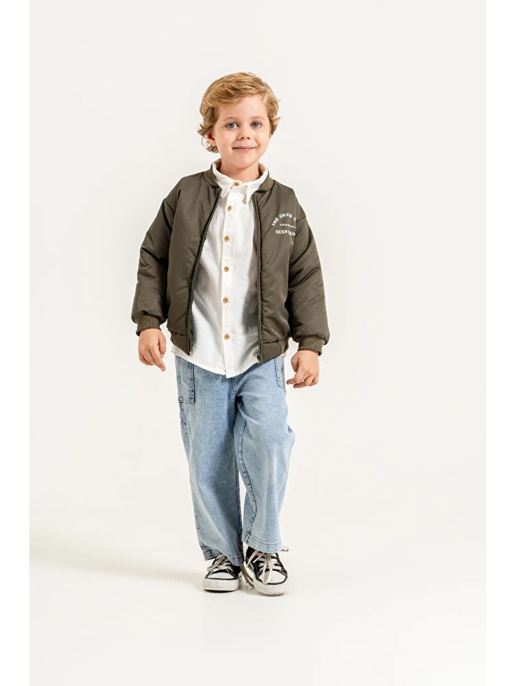 Haki Erkek Çocuk Bomber Ceketli Gömlekli Bol Paça Jean Pantolon 3’lü Takım 9102-8