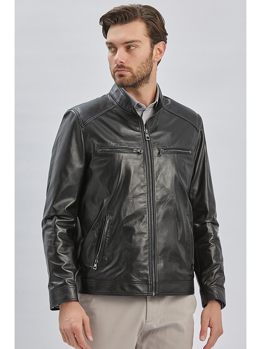 Siyah Hakiki Deri Dik Yaka Astarlı Slim Fit Dar Kesim Casual Deri Mont 1038235155