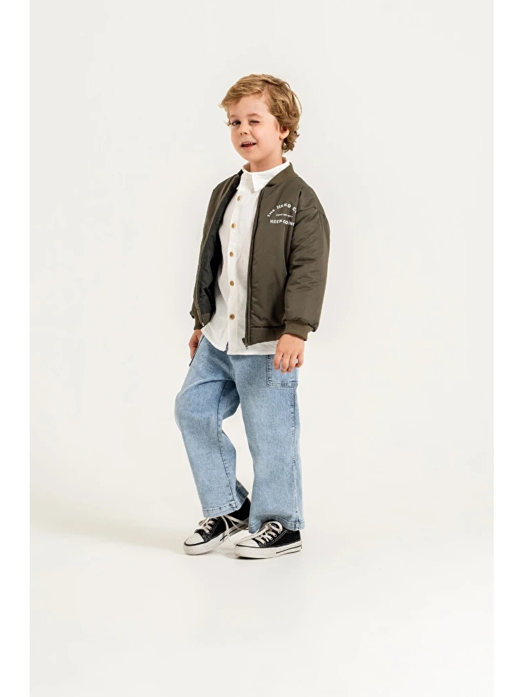 Haki Erkek Çocuk Bomber Ceketli Gömlekli Bol Paça Jean Pantolon 3’lü Takım 9102-9