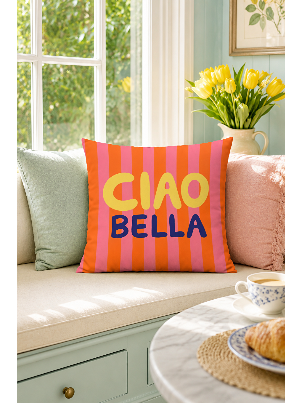 Fuşya Ciao Bella Çizgili Yazı Baskılı Dekoratif Kırlent Kılıfı Retro Yazlık Dekor 43x43 Cm