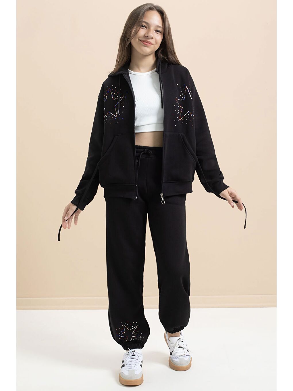 Siyah Kız Çocuk Şardonlu Boncuk İşlemeli 2li Takım 21414-1