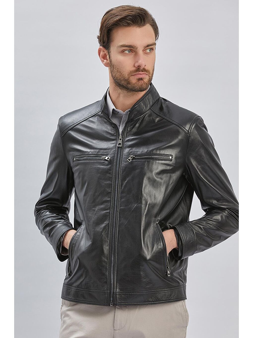 Siyah Hakiki Deri Dik Yaka Astarlı Slim Fit Dar Kesim Casual Deri Mont 1038235155-2