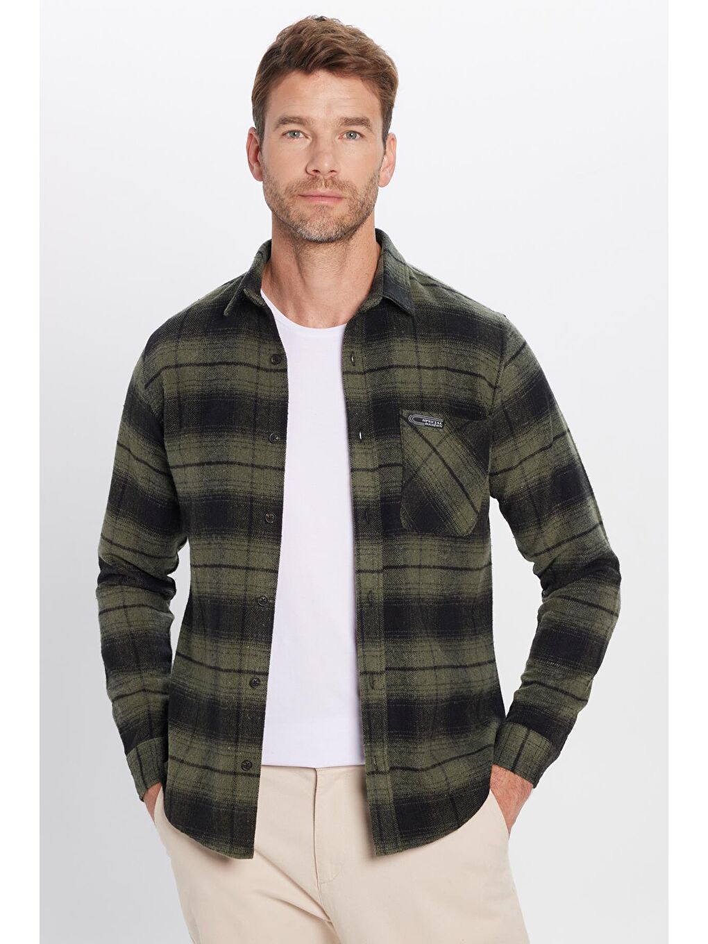 Karışık Erkek Slim Fit Dar Kesim Oduncu Tek Cepli Kareli Kışlık Gömlek-4