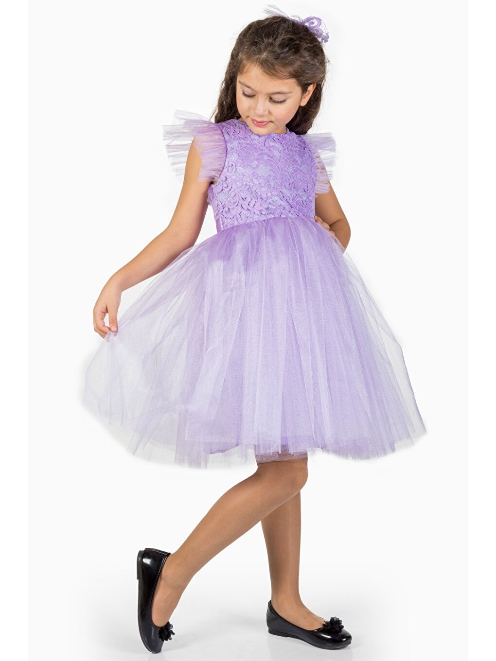 Lila Roza Dantel Tütü Kız Çocuk Abiye Elbise MNK0546-1