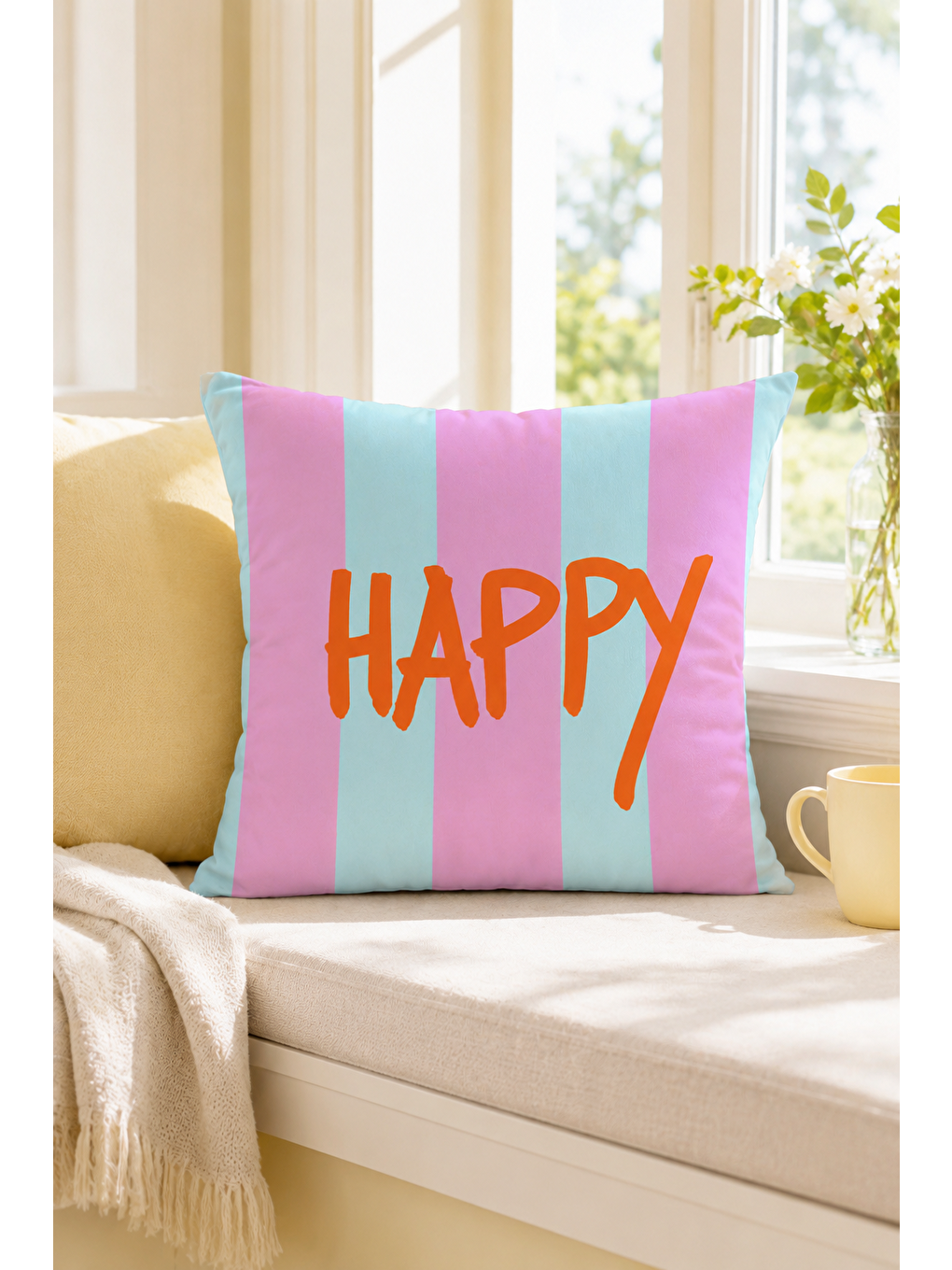 Beyaz Happy Pastel Çizgili Yazı Baskılı Dekoratif Kırlent Kılıfı Modern Dekor 43x43 Cm