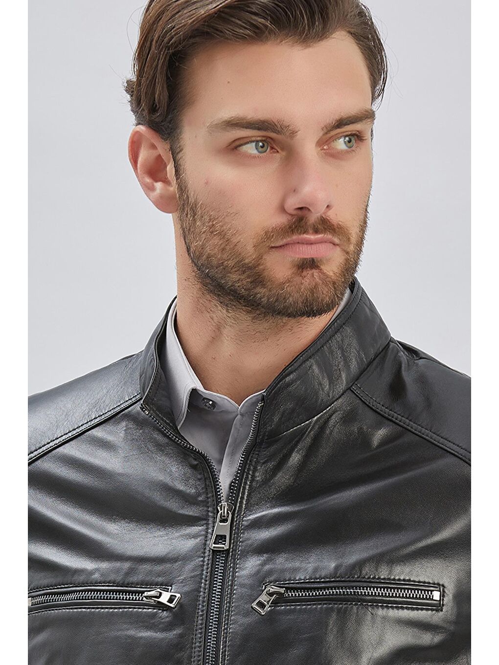 Siyah Hakiki Deri Dik Yaka Astarlı Slim Fit Dar Kesim Casual Deri Mont 1038235155-3